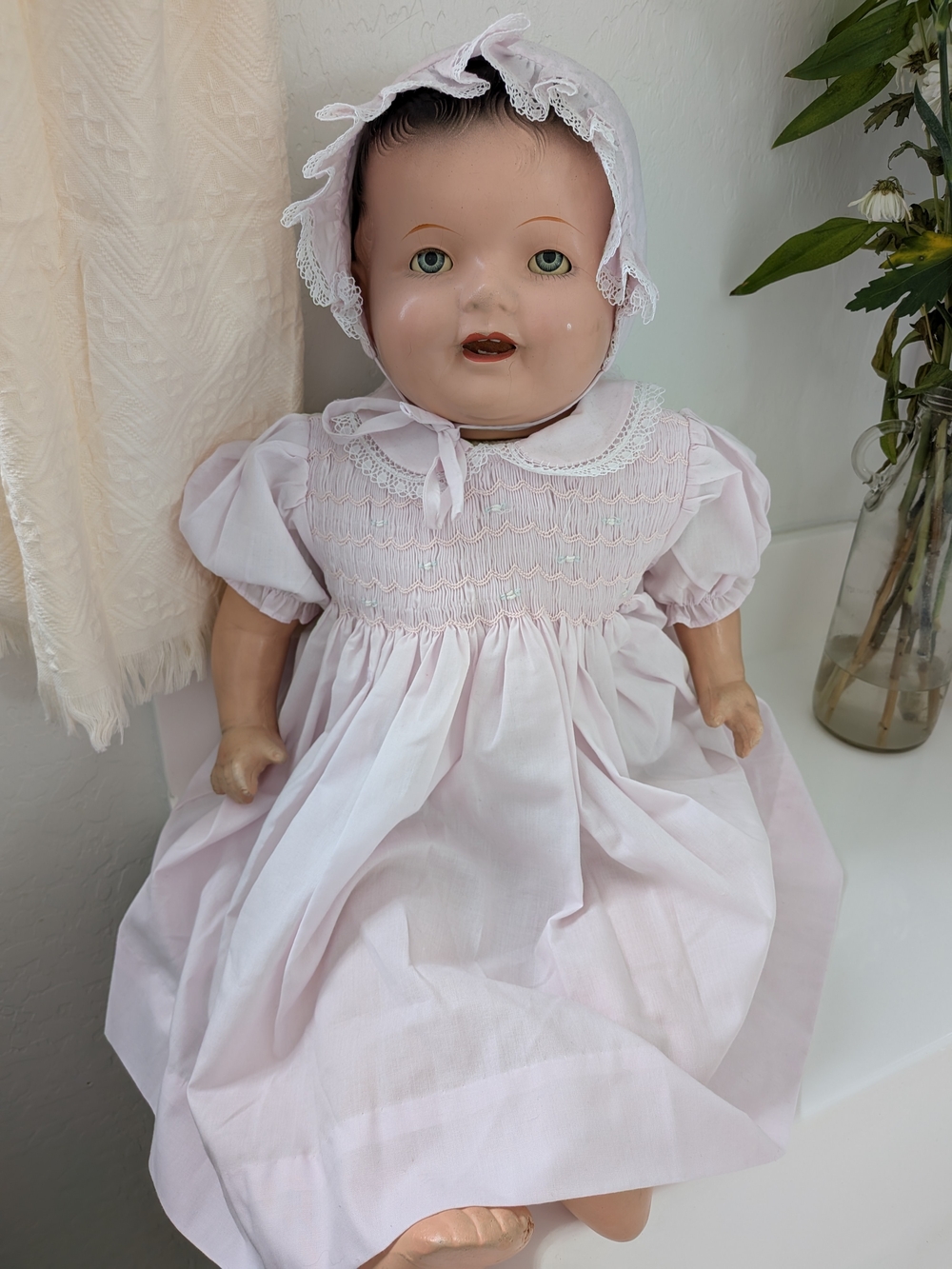 Vintage 26" Composition Baby Doll in Pink Smocked Dress & Bonnet – Large Antique
